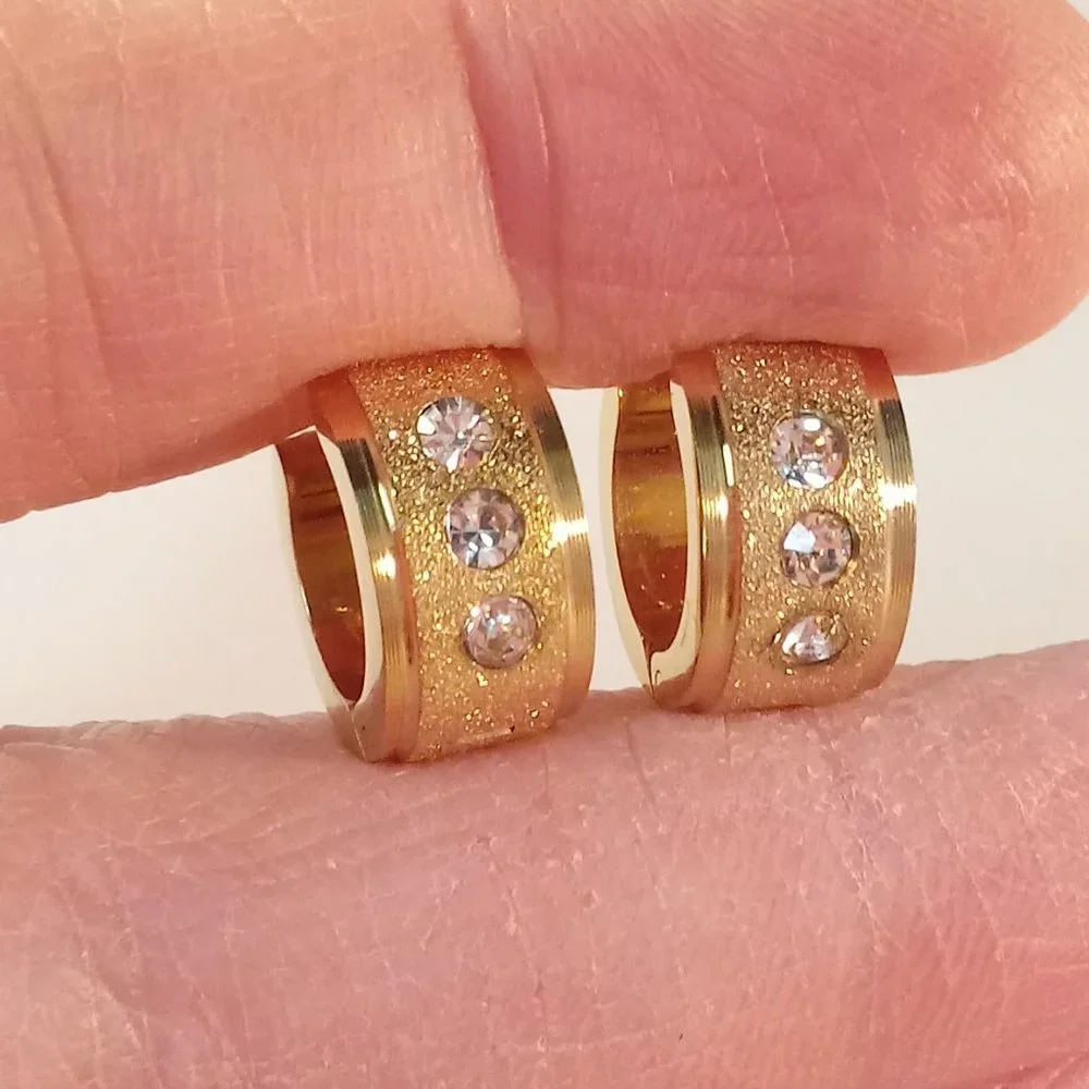 Mens Gold Stainless Steel Diamond Zircon Frosted Sandblast Hoop Earrings 14mm - Picture 2 of 5